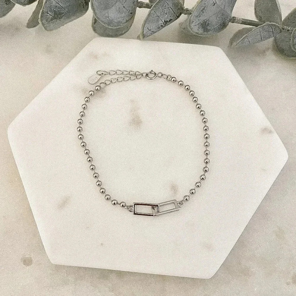 925 Sterling Silver Dainty Link Bracelet Rectangle Link Bead Bracelet - Picture 3 of 4